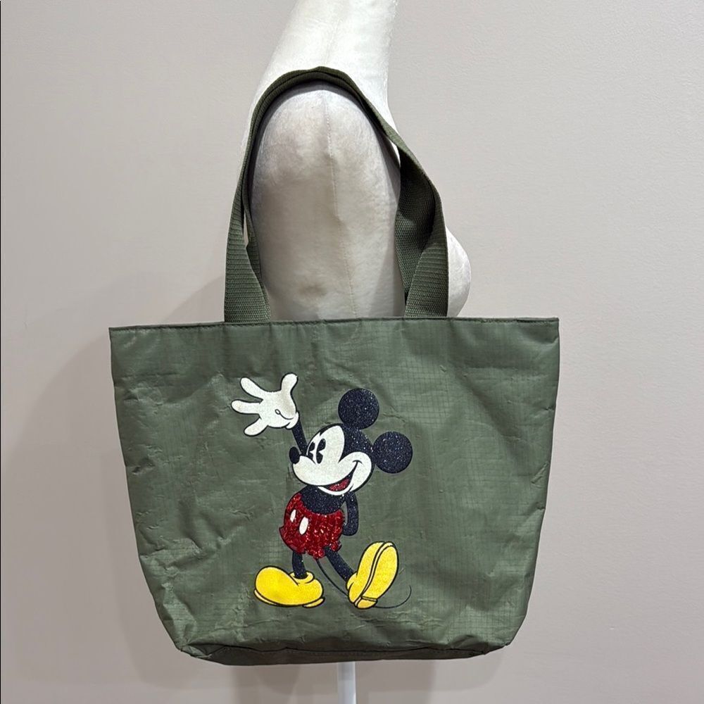 Disney Mickey Mouse Olive Green Sequined Vinyl Large Tote Bag
